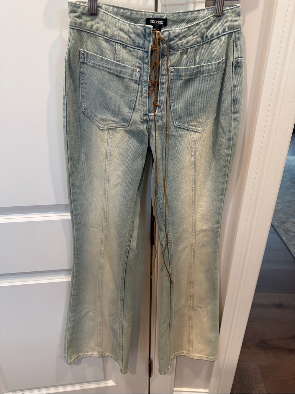 Boohoo Pale Blue Lace-Up Wide Leg Jeans